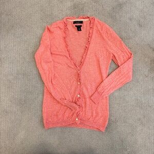 Banana Republic, 100% Cashmere Cardigan w/ Ruffle, Coral, Size Medium